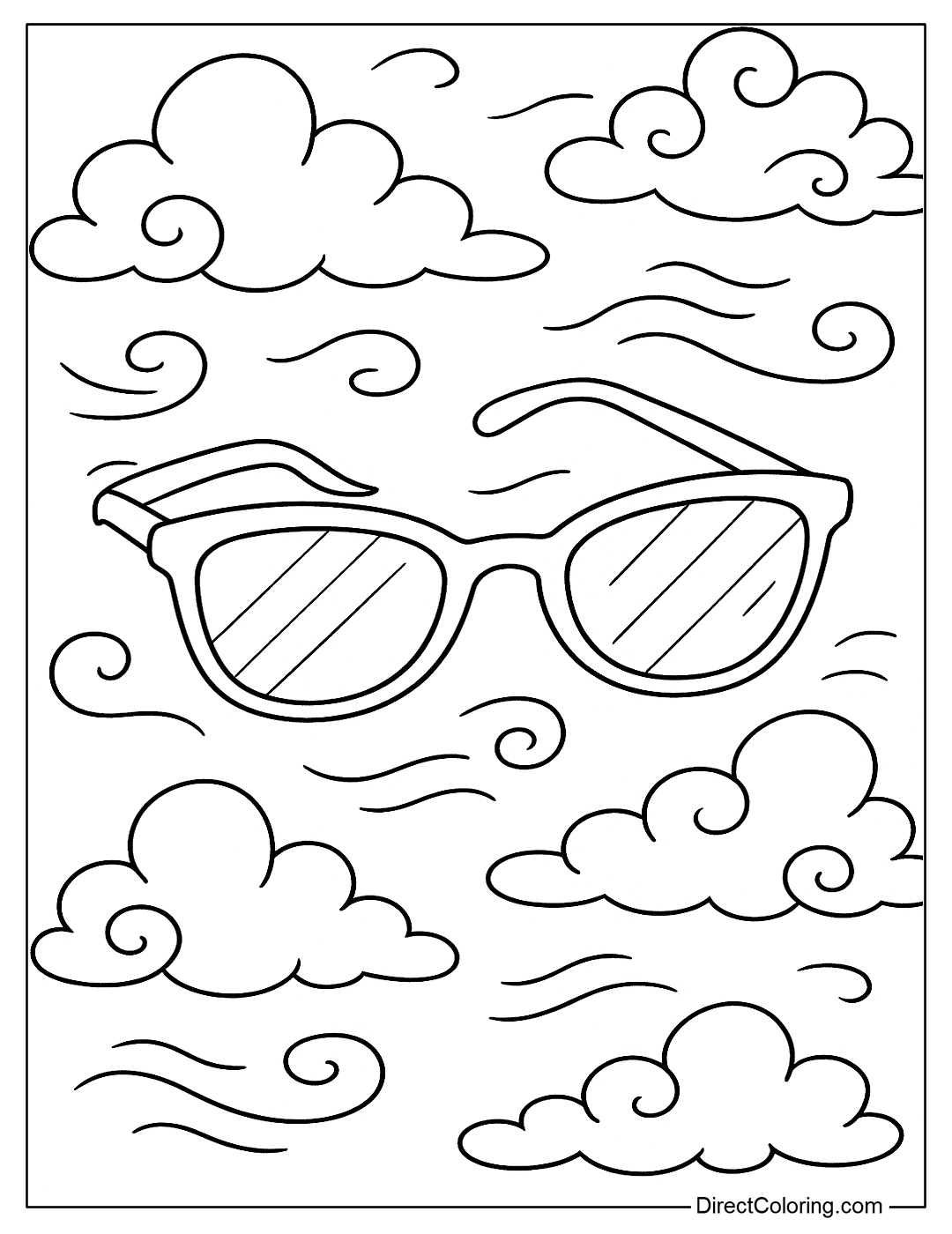 coloring page Sunglasses floating in the clouds, as if drifting with the wind